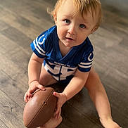 Asher is registered to the contest to win money with this photo: toddler, child, football, blue_jersey, indoor, wooden_floor, barefoot, curious, blonde_hair, playing, sport, young_child, casual, sitting, looking_up, hands, feet, toy, closeup, portrait