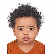 Rayley a rejoint le concours — aidez-le/la à gagner de superbes lots ! baby, brown_shirt, casual_clothing, child, close_up, curly_hair, cute, expression, face, headshot, indoors, innocent, looking_at_camera, natural_light, person, portrait, studio, toddler, white_background, young_child