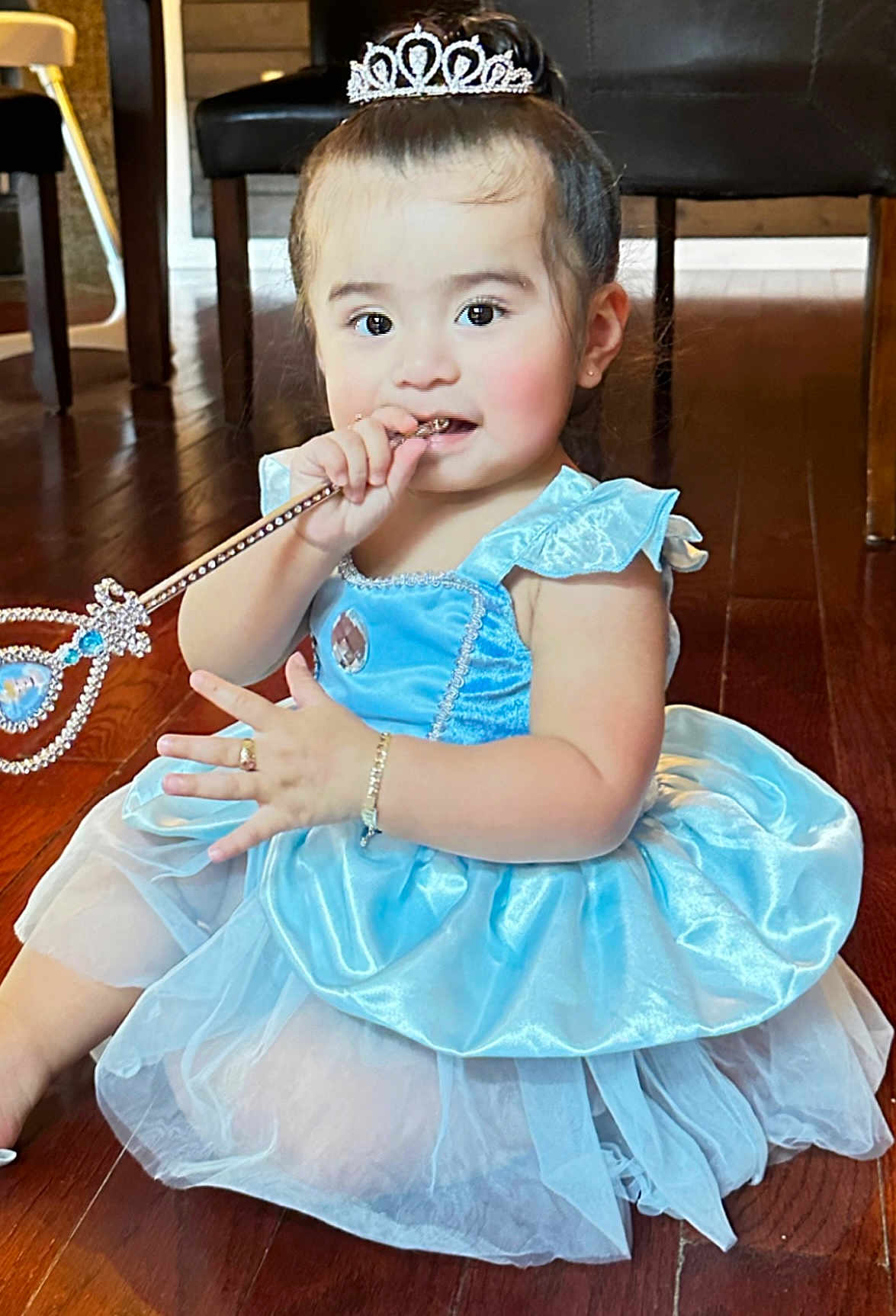 Princess is registered to the contest to win money with this photo: toddler, child, princess, dress, blue_dress, tiara, wand, jewelry, bracelet, ring, sitting, wooden_floor, indoor, playful, cute, young_child, costume, smiling, person, portrait