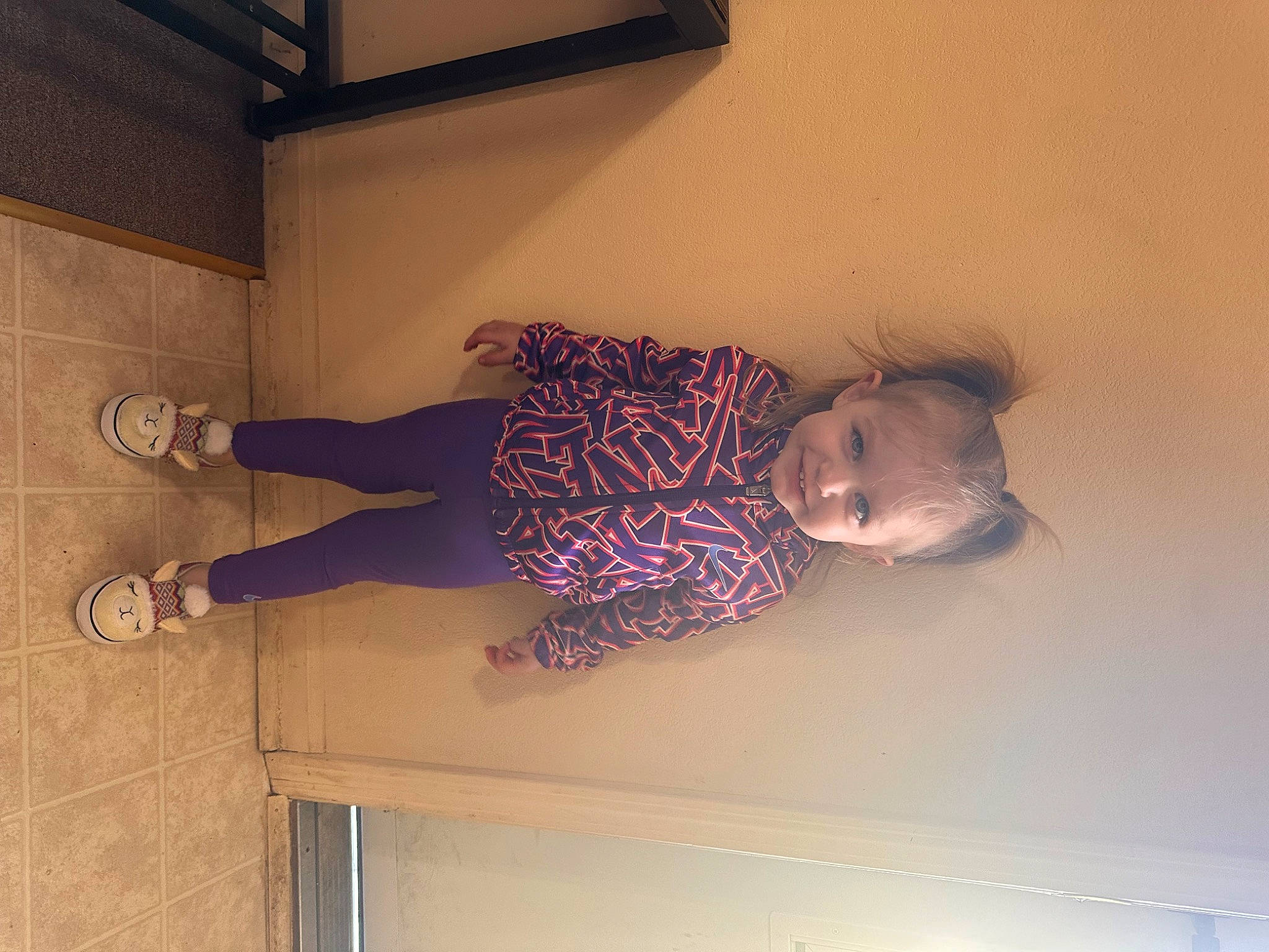 Bexley joined the competition — help win amazing prizes! ceiling, child, comfort, floor, flooring, fun, hardwood, human_leg, joy, knee, magenta, pattern, person, plaster, room, sleeve, thigh, toddler, waist, walking_shoe