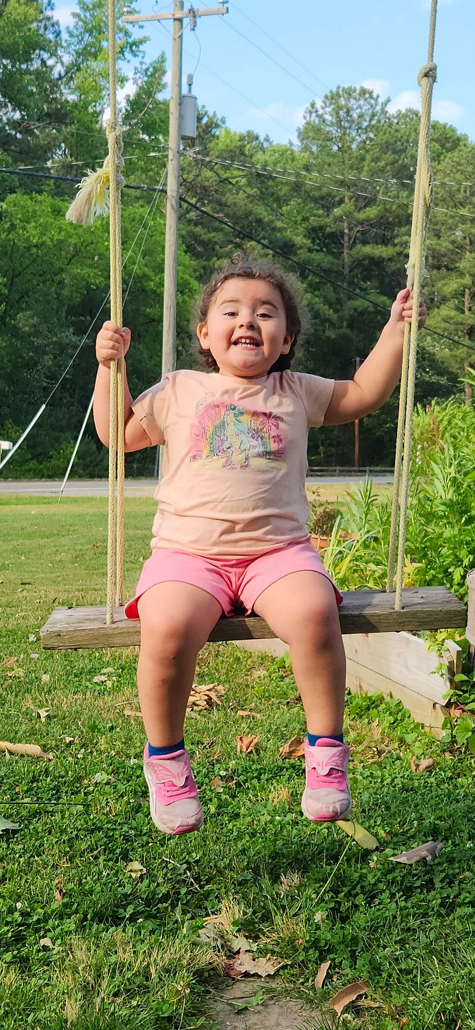 Lilian is registered to the contest to win money with this photo: child, fun, grass, happy, joy, leisure, outdoor_play_equipment, people_in_nature, person, photograph, pink, plant, play, playground, recreation, shorts, sitting, smile, summer, swing