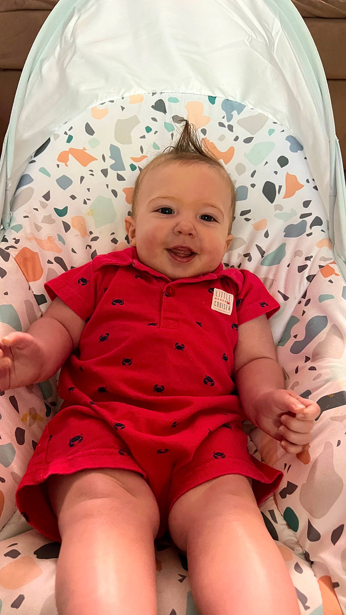 Asher joined the competition — help win amazing prizes! baby, baby_toddler_clothing, cheek, comfort, eye, face, facial_expression, happy, human, iris, lip, mouth, organ, person, pink, product, skin, sleeve, smile, textile