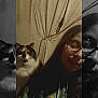 person, cat, glasses, curtain, indoor, smile, calico_cat, long_hair, hoodie, portrait, feline, cozy, warm_lighting, animal, face, eyewear, domestic_pet, cute, casual, closeup