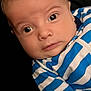 baby, infant, face, portrait, blue_striped_clothing, close_up, eyes, expression, skin, head, person, newborn, cute, child, young, clothing, striped, looking, indoors, human