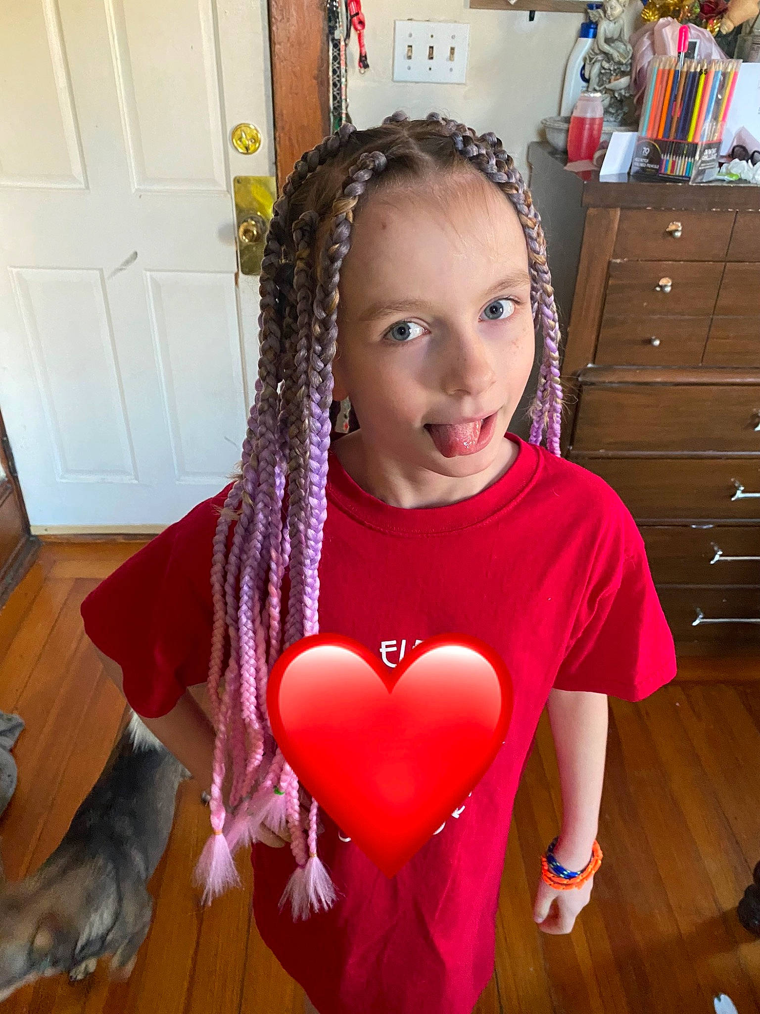 Aleigha is registered to the contest to win money with this photo: blond, braid, brown_hair, cabinetry, child, cool, door, dress, event, eye, flooring, happy, long_hair, neck, person, pink, shoe, sportswear, thigh, trunk