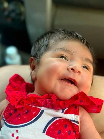 Stella joined the competition — help win amazing prizes! baby, baby_toddler_clothing, cheek, chin, eyelash, flash_photography, fun, happy, head, iris, lip, mouth, neck, nose, pattern, person, plaid, skin, smile, strawberry