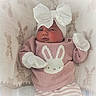 Nora joined the competition — help win amazing prizes! baby, infant, child, pink_sweater, bunny_design, white_mittens, headband, bow, blanket, bunny_print, soft_texture, cute, portrait, indoor, newborn, sleepwear, clothing, baby_bedding, adorable, face