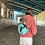 person, dog, backpack, hoodie, graffiti, urban, bridge, curly_hair, street_art, outdoor, casual_clothing, pet, walking, ground, cement, daylight, leisure, side_view, small_dog, back_view
