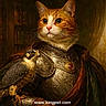 cat, falcon, armor, medieval, portrait, regal, bird, animal, feline, ornate, painting_style, historical, costume, closeup, indoor, brown, gold, decoration, noble, text_overlay