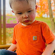 Bryer joined the competition — help win amazing prizes! toddler, child, orange_shirt, jeans, outdoor, autumn, leaves, sandbox, closeup, casual_clothing, portrait, young_child, pensive, daylight, nature, dirt, hand, face, short_hair, sitting