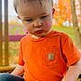 toddler, child, orange_shirt, jeans, outdoor, autumn, leaves, sandbox, closeup, casual_clothing, portrait, young_child, pensive, daylight, nature, dirt, hand, face, short_hair, sitting