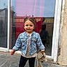 Leynah a rejoint le concours — aidez-le/la à gagner de superbes lots ! toddler, child, denim_jacket, stuffed_animal, pigtails, sneakers, polka_dot, leggings, stone_patio, reflection, glass_door, outdoor, casual_clothing, portrait, cute, smiling, young_child, person, daylight, standing