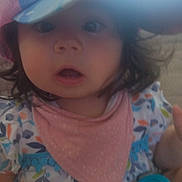 Lyna participe au concours pour gagner de l'argent avec cette photo : baby, blue_container, cap, casual_wear, child, closeup, colorful_clothing, curly_hair, cute, expression, face, indoor, infant, person, pink_bib, sitting, soft_light, toddler, toy, wide_eyes