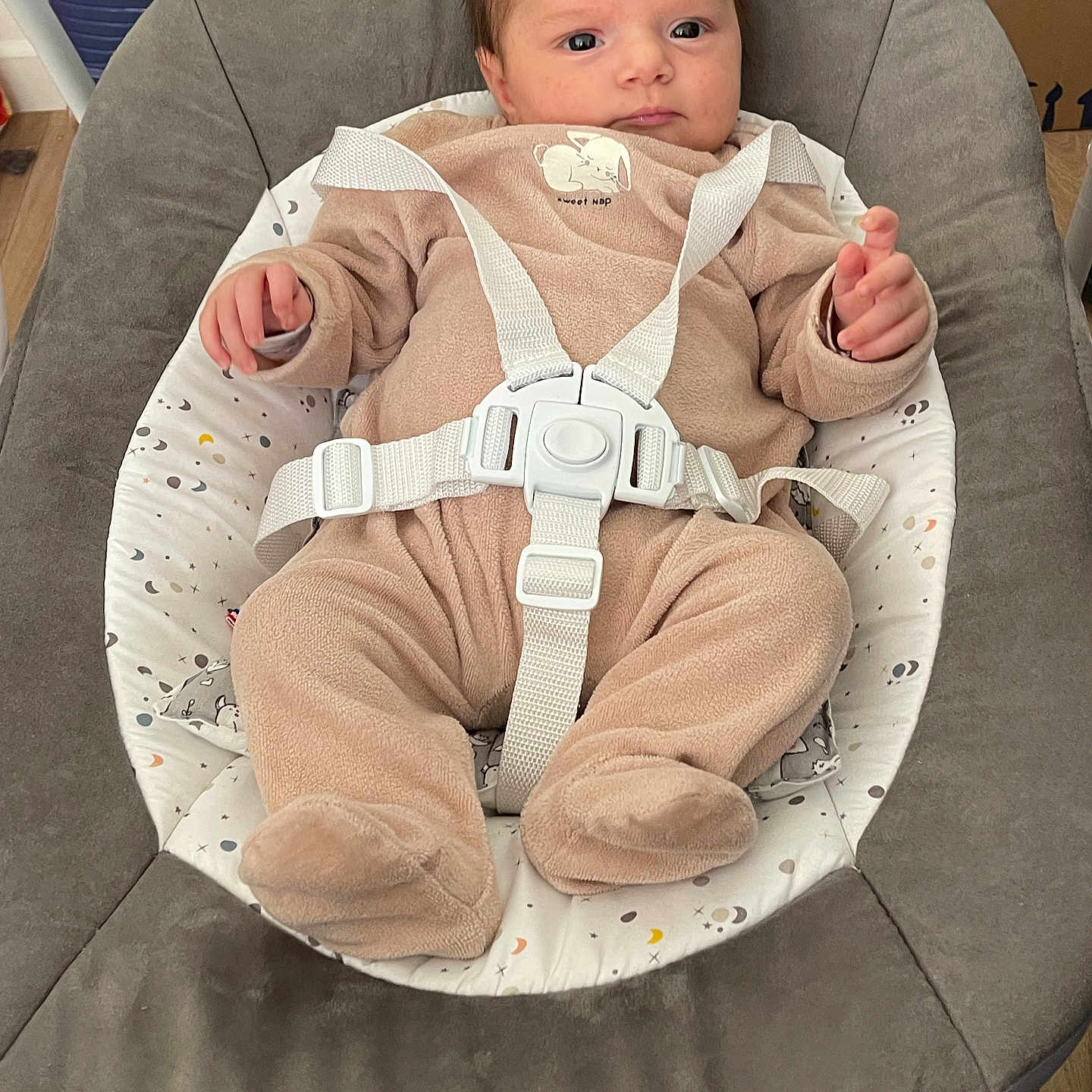 Amélia participe au concours pour gagner de l'argent avec cette photo : baby, infant, child, onesie, baby_seat, straps, cushion, face, indoor, flooring, wood_floor, hair, eyes, clothing, person, newborn, cute, comfort, seat, soft