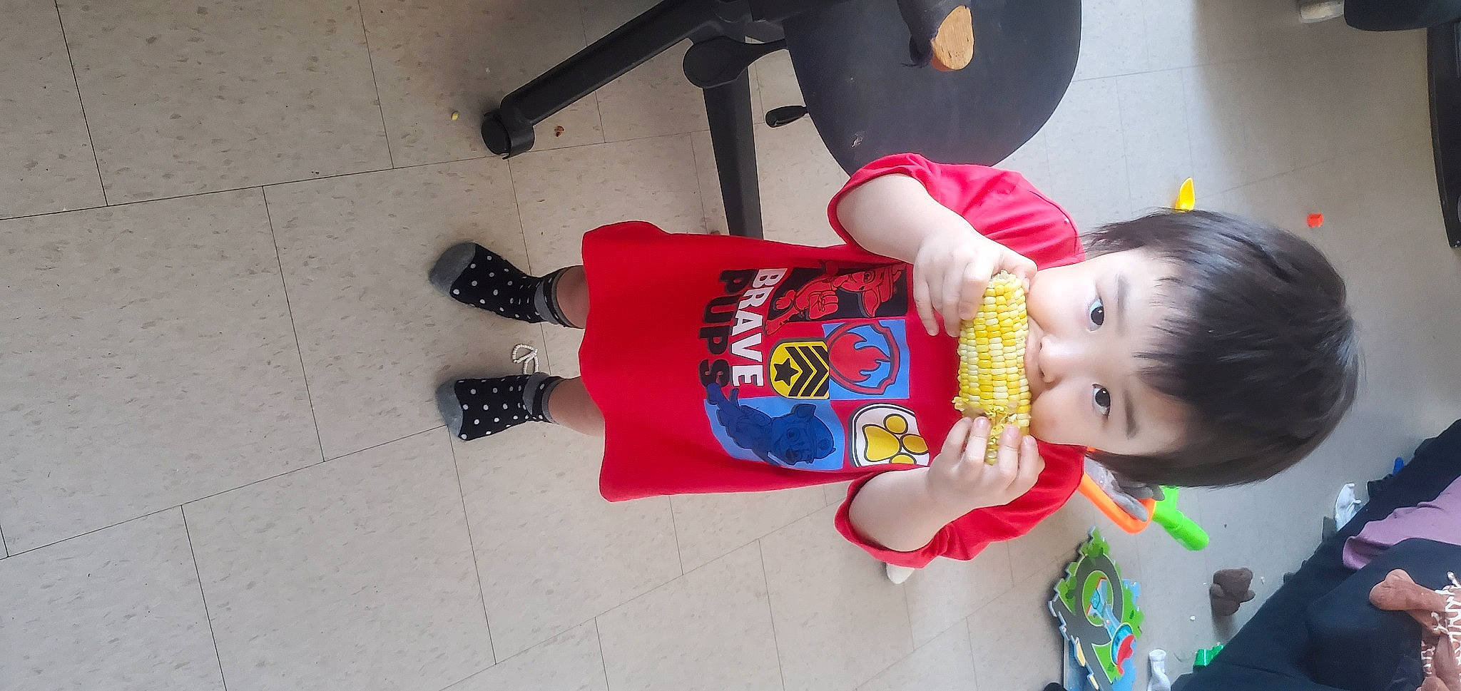 Julius is registered to the contest to win money with this photo: baby, baby_toddler_clothing, carmine, child, elbow, flooring, fun, happy, human_leg, knee, person, room, sleeve, sock, thigh, toddler, toy, walking_shoe, wrist