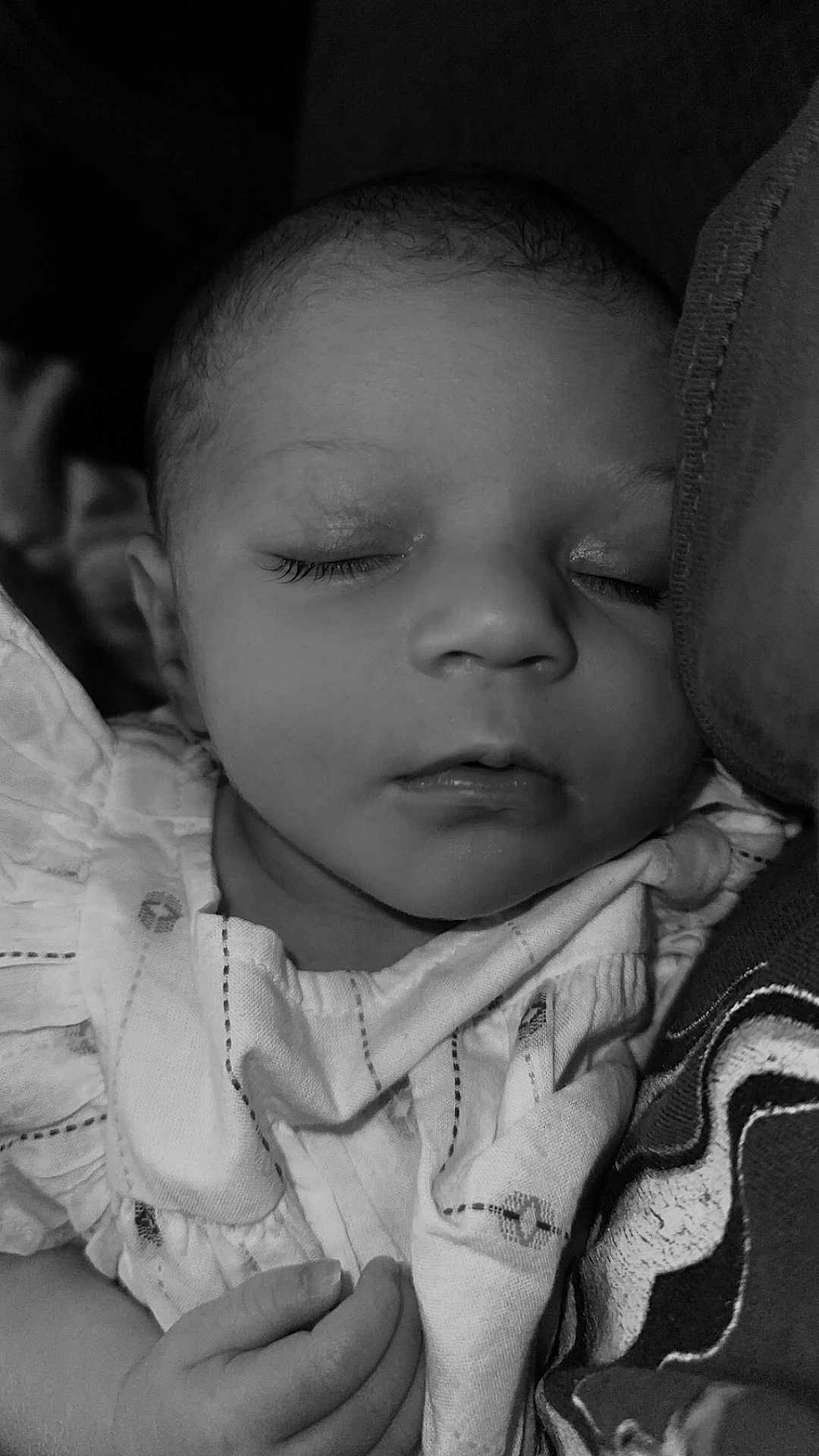 Azaria joined the competition — help win amazing prizes! baby, sleeping, infant, face, hand, clothing, fabric, closeup, portrait, black_and_white, peaceful, newborn, soft, rest, cute, child, person, eyelashes, delicate, calm