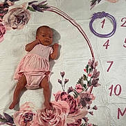 Mckenzie is registered to the contest to win money with this photo: baby, infant, pink_dress, floral_blanket, milestone_blanket, month_marker, newborn, lying_down, flower_pattern, cute, small, portrait, baby_girl, indoor, soft_texture, decorative, fabric, child, one_month, celebration