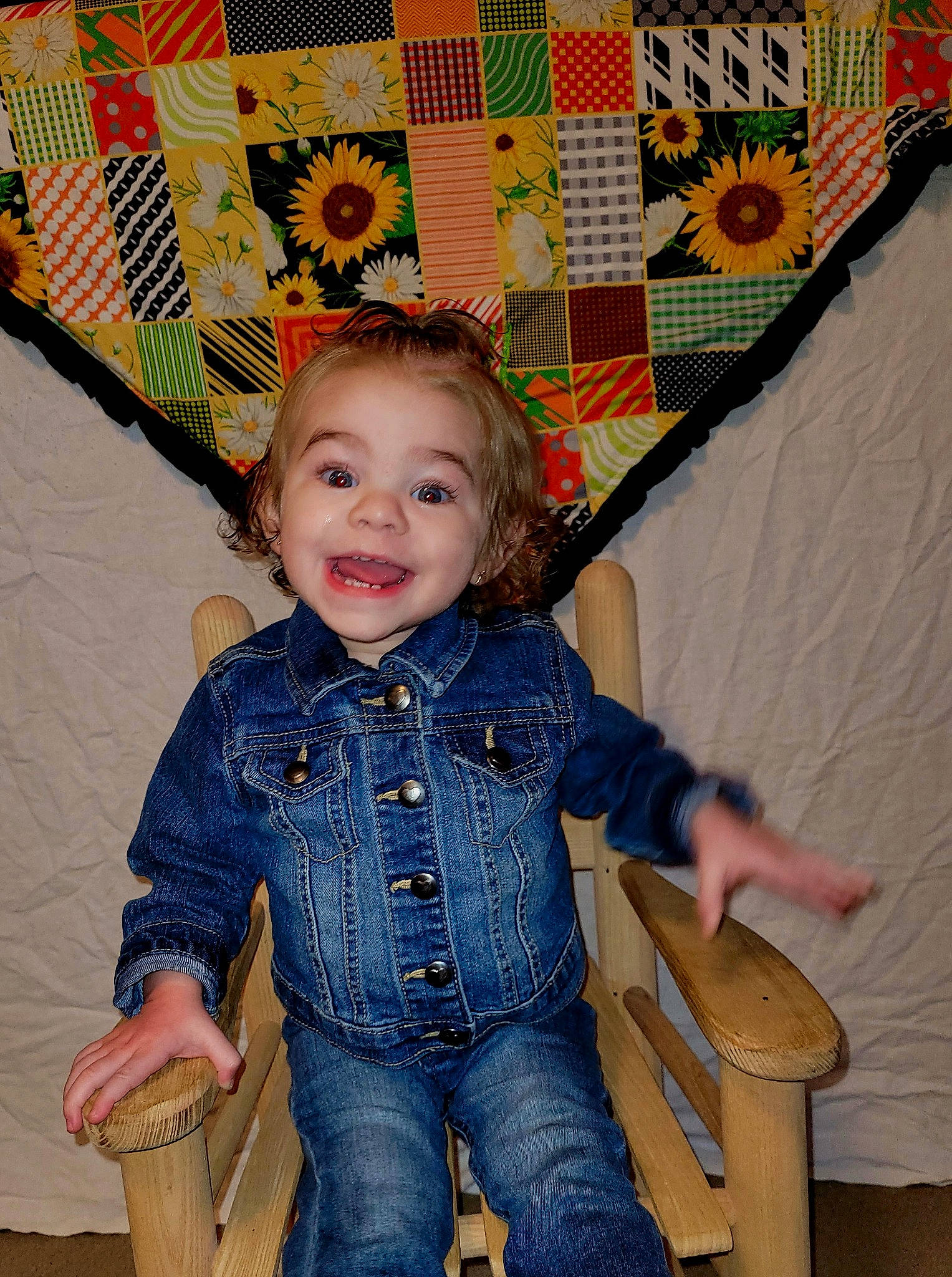 Sandy joined the competition — help win amazing prizes! baby_toddler_clothing, child, drum, face, facial_expression, fun, happy, jeans, joy, organ, outerwear, pattern, person, photograph, skin, sleeve, smile, standing, textile, toddler