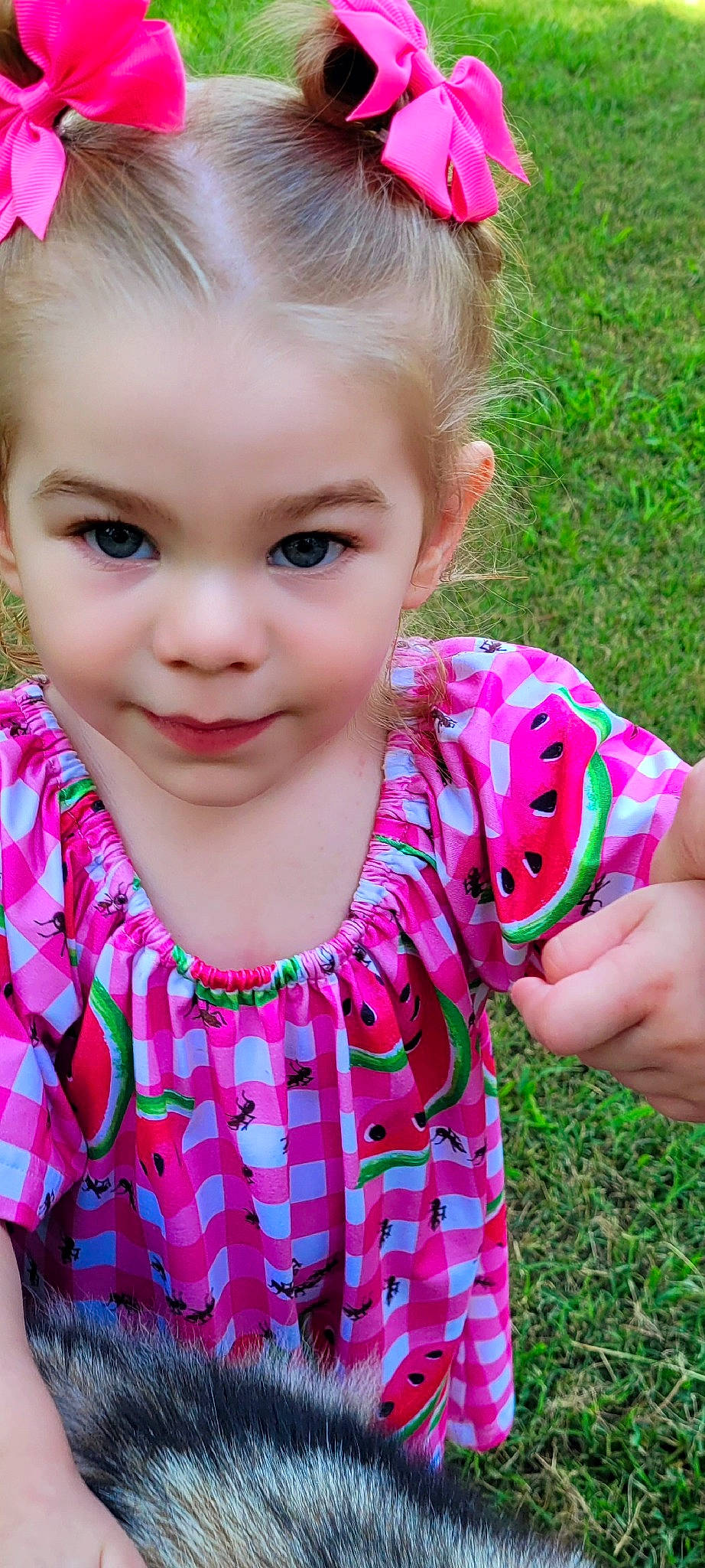 Sandy May joined the competition — help win amazing prizes! baby_toddler_clothing, cheek, dress, eye, eyelash, facial_expression, finger, grass, happy, head, iris, joy, lip, neck, nose, people_in_nature, person, pink, plant, skin