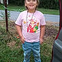 Rose joined the competition — help win amazing prizes! child, smiling, outdoor, grass, jeans, tshirt, sneakers, road, trees, car, person, nature, happy, casual_clothing, footwear, standing, greenery, portrait, daylight, accessory