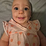 Sophia is registered to the contest to win money with this photo: baby, blue_eyes, child, close_up, cute, expression, eyes, face, happy, indoors, infant, long_eyelashes, lying_down, person, pink_dress, polka_dot, portrait, skin, smiling, soft_lighting