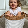 Lia joined the competition — help win amazing prizes! toddler, child, basket, smiling, indoor, carpet, stairs, door, white_shirt, woven, woven_basket, happy, cute, hands, grip, hair, face, person, home, floor