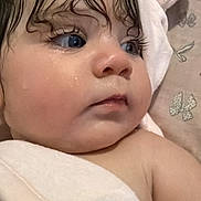 Zimia joined the competition — help win amazing prizes! baby, wet_hair, towel, hooded_towel, blue_eyes, close_up, portrait, child, infant, skin, blanket, cute, soft_texture, sleepy, indoors, newborn, face, expression, eyelashes, pink