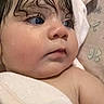 baby, wet_hair, towel, hooded_towel, blue_eyes, close_up, portrait, child, infant, skin, blanket, cute, soft_texture, sleepy, indoors, newborn, face, expression, eyelashes, pink