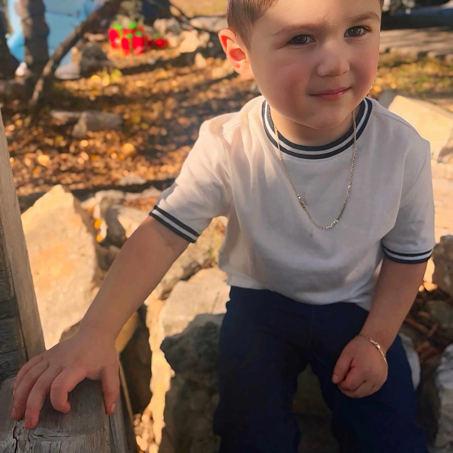 Domingo joined the competition — help win amazing prizes! autumn, boy, bracelet, chain_necklace, child, close_up, face, hand, jeans, leaves, outdoors, portrait, rocks, shadow, short_hair, sitting, smile, sunlight, white_shirt, wooden_rail