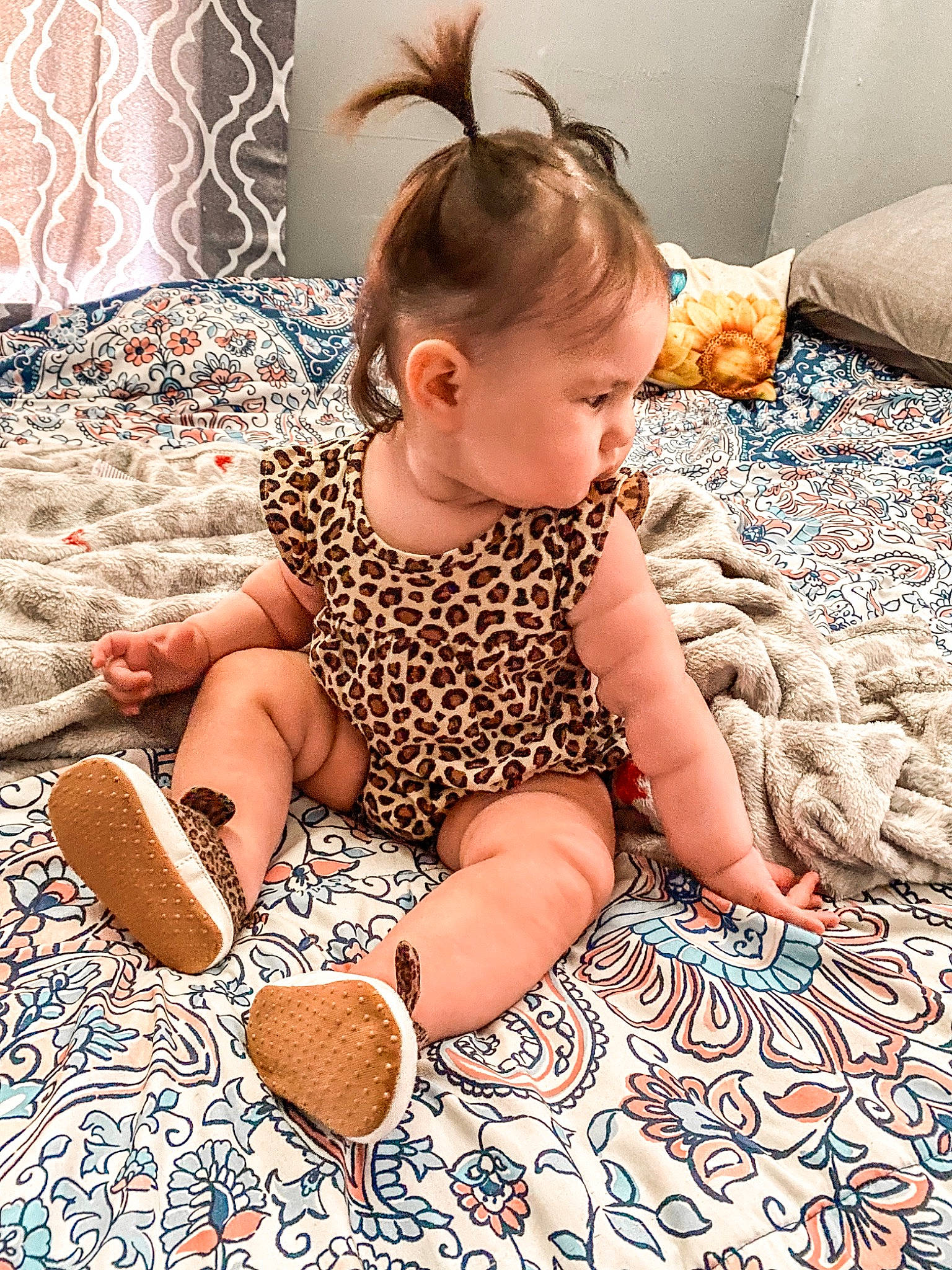 Julianna joined the competition — help win amazing prizes! baby, baby_toddler_clothing, barefoot, child, comfort, flooring, foot, happy, human_leg, knee, linens, mammal, pattern, person, shoe, sitting, skin, sock, thigh, toddler