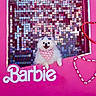 dog, small_dog, white_dog, fluffy, pomeranian, pet, animal, face, smiling, open_mouth, bandana, pink_bandana, barbie_theme, pink_background, sparkly_backdrop, mosaic, beads, heart_shape, portrait, indoor