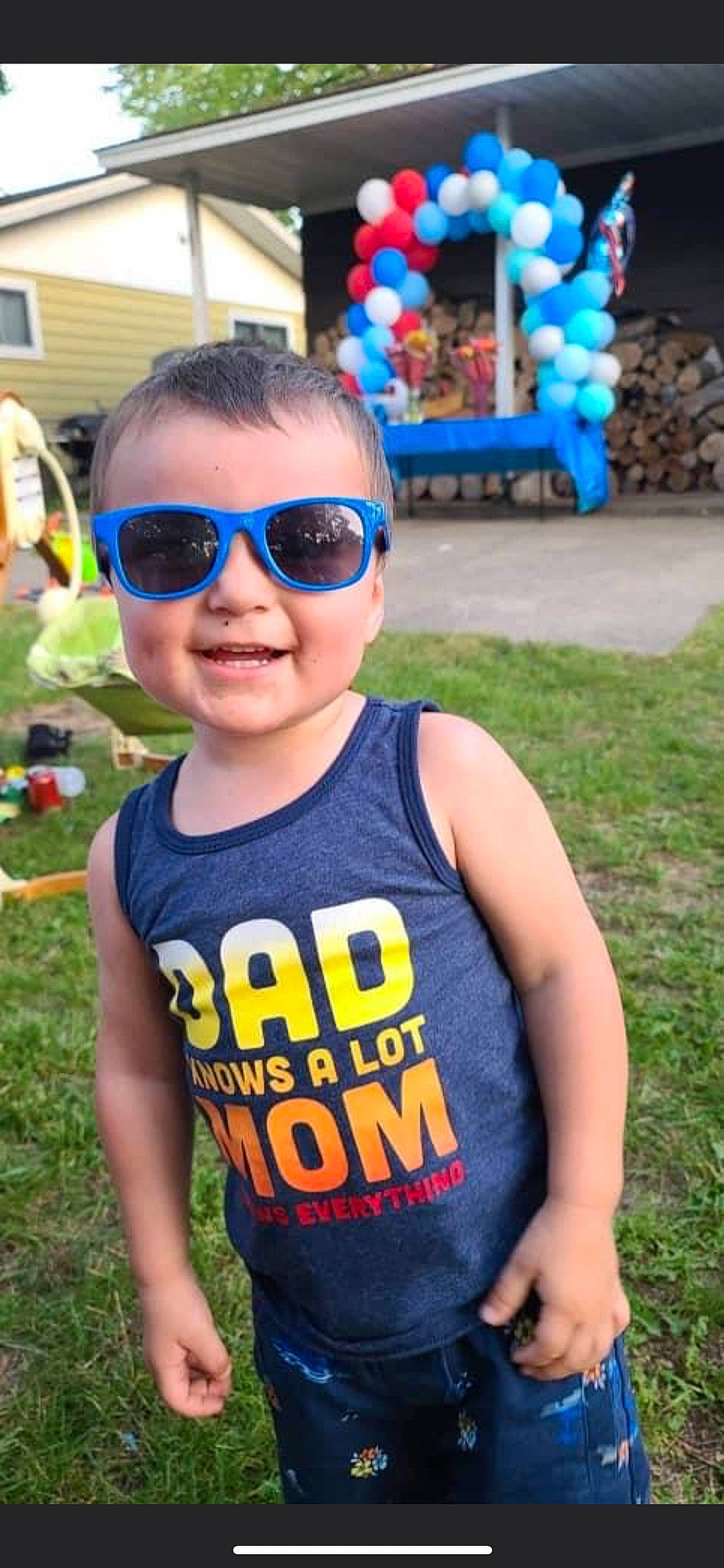 Samuel joined the competition — help win amazing prizes! blue, cool, electric_blue, eyewear, glasses, goggles, grass, happy, joy, leisure, neck, person, plant, sleeve, sleeveless_shirt, smile, street_fashion, sunglasses, t_shirt, toddler