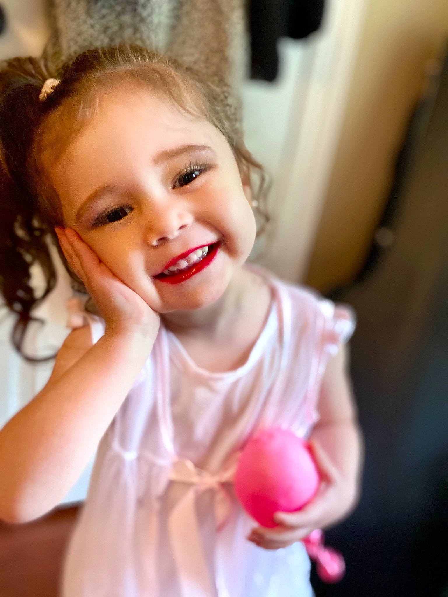 Jaylee joined the competition — help win amazing prizes! arm, blond, child, dress, eyelash, finger, flash_photography, fun, gesture, hairstyle, hand, happy, joy, lip, magenta, person, pink, room, skin, smile