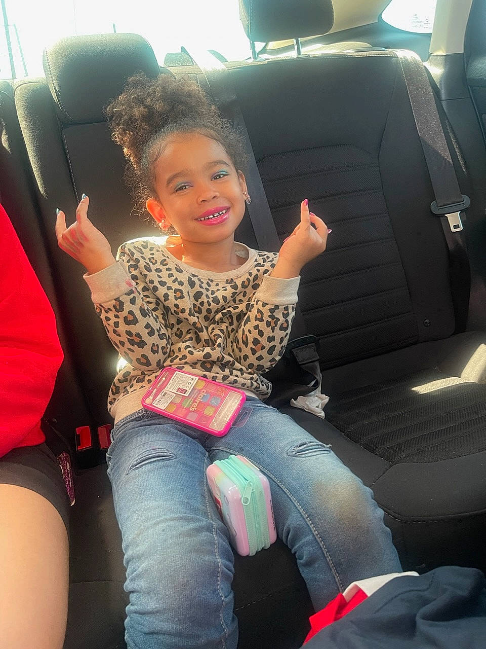 Kendall joined the competition — help win amazing prizes! auto_part, automotive_design, car, car_seat, car_seat_cover, comfort, happy, head_restraint, human_leg, joy, knee, lap, leg, leisure, motor_vehicle, person, shorts, sitting, smile, thigh