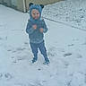 Ayden participe au concours pour gagner de l'argent avec cette photo : blue_clothing, building, child, coat, cold, footprints, happy, hat, headwear, kid, outdoor, pants, playful, scarf, shoes, smiling, snow, snowy_ground, wall, winter