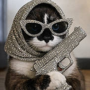 Boo a rejoint le concours — aidez-le/la à gagner de superbes lots ! cat, rhinestones, sunglasses, headscarf, toy_gun, animal, pet, fashion, glamour, indoor, closeup, cute, feline, accessory, posing, black_and_white_cat, decorative, playful, stylish, floor