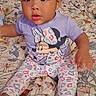 toddler, child, baby, pajamas, minnie_mouse, bed, blanket, floral_pattern, indoor, person, cute, curious, sitting, barefoot, clothing, young_child, face, expression, hand, head