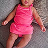 baby, girl, infant, pink_dress, headband, bow, couch, sofa, footwear, shoes, indoor, child, cute, portrait, person, sitting, comfortable, looking, expression, home