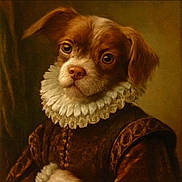 Joeby James is registered to the contest to win money with this photo: dog, portrait, renaissance_style, ruffled_collar, costume, brown_fur, historical_clothing, serious_expression, dressed_up, pet, animal_portrait, vintage_style, classic, fine_art, indoor, close_up, canine, fur_texture, old_fashioned, noble
