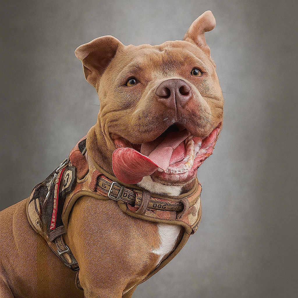 Loco participe au concours pour gagner de l'argent avec cette photo : animal, background, brown_fur, canine, closeup, cute, dog, domestic_animal, ears_up, friendly, happy, harness, muscular, pet, portrait, rock, sitting, smiling, studio, tongue_out