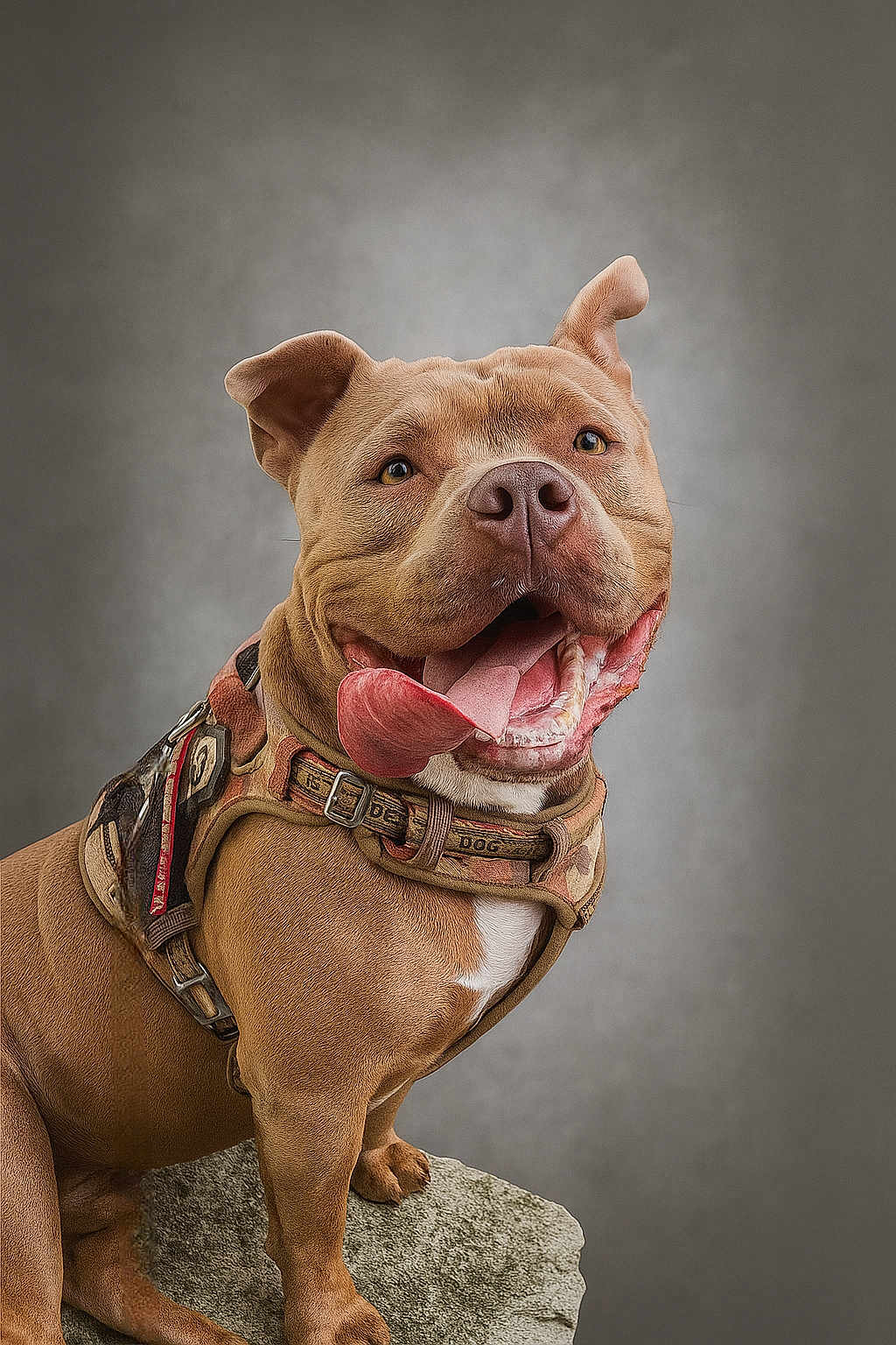 Loco participe au concours pour gagner de l'argent avec cette photo : dog, animal, pet, portrait, happy, tongue_out, brown_fur, harness, muscular, sitting, rock, studio, smiling, canine, ears_up, closeup, friendly, domestic_animal, cute, background