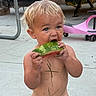 toddler, child, watermelon, fruit, outdoor, concrete, toy_car, pink, bare_chest, grass, blonde_hair, bite, summer, play, cute, food, happy, person, young_child, daytime
