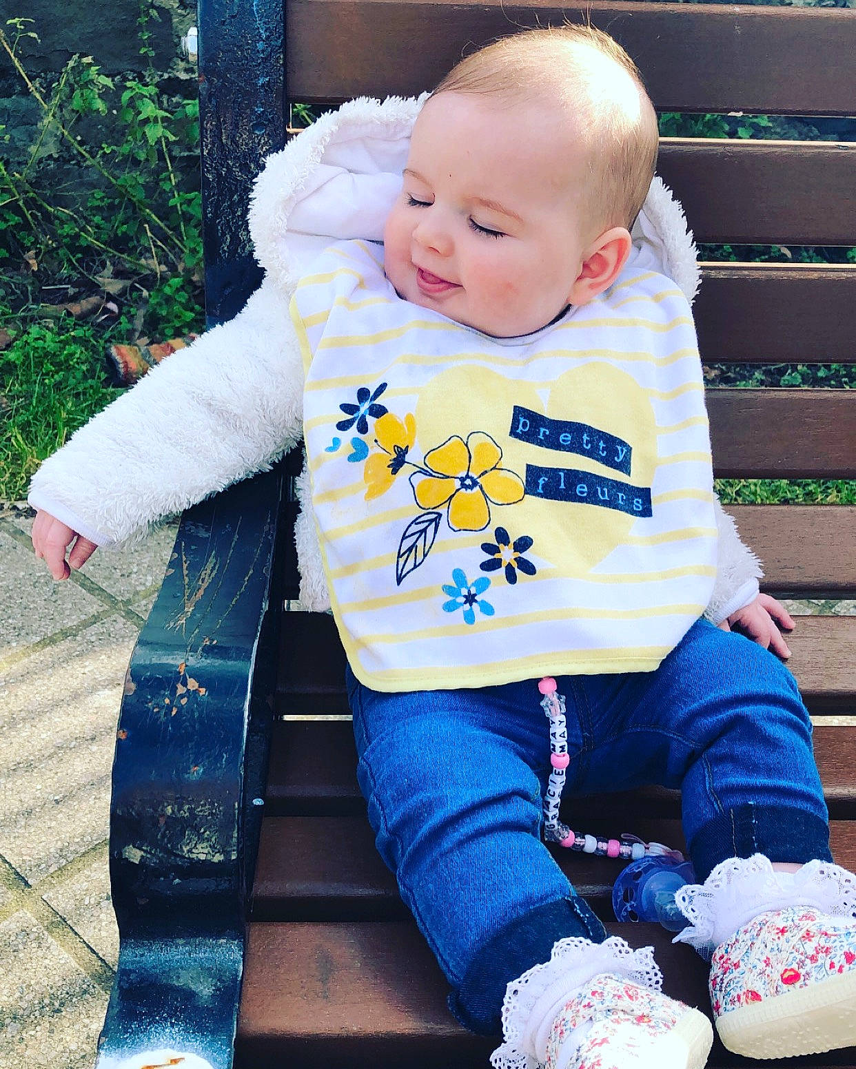 Gracie-may is registered to the contest to win money with this photo: baby, baby_products, baby_toddler_clothing, blue, child, jeans, outerwear, person, play, product, sitting, sleeve, toddler, trousers, winter