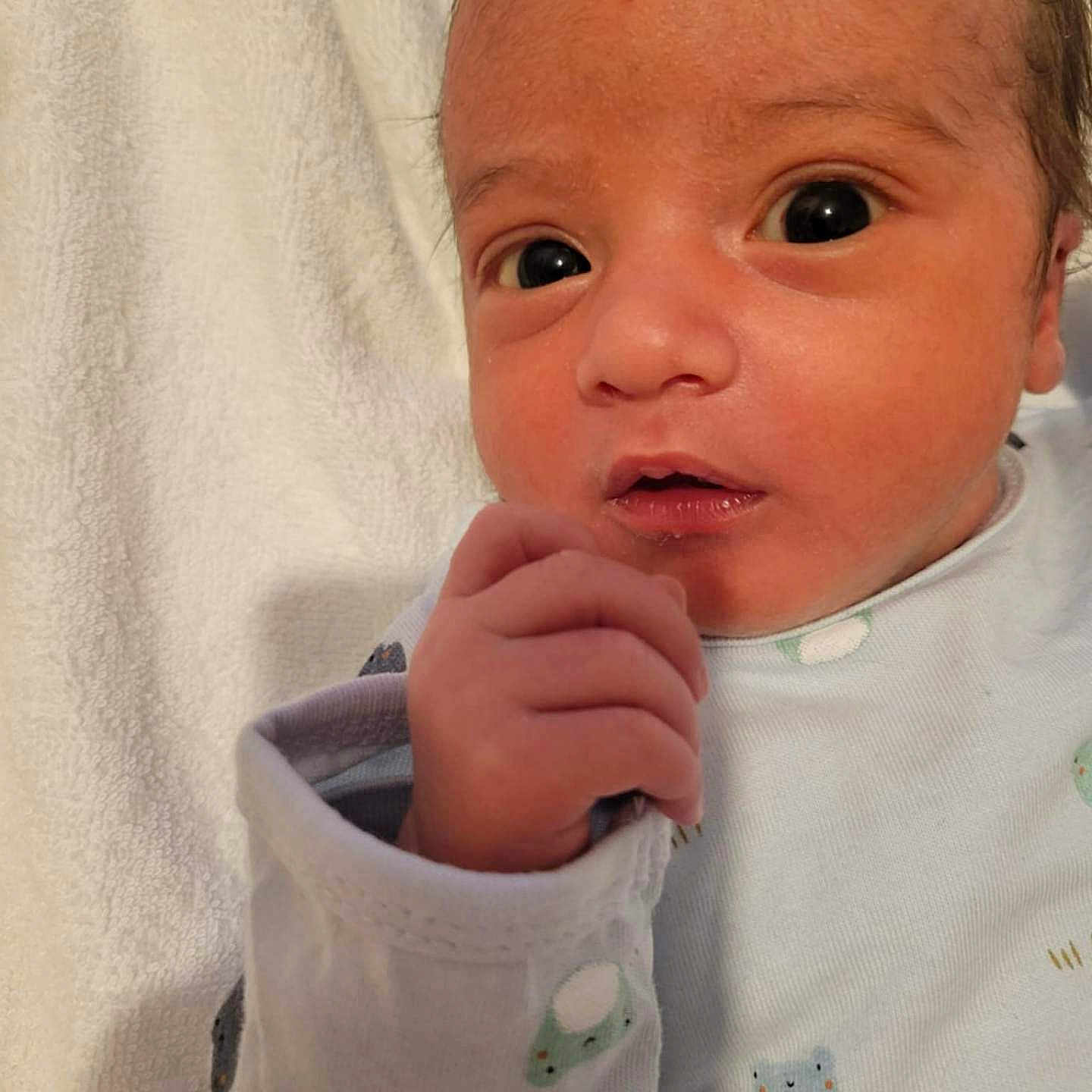 Maël a rejoint le concours — aidez-le/la à gagner de superbes lots ! baby, baby_garment, close_up, clothing, curious, cute, expression, eyes, face, hand, indoors, infant, newborn, portrait, skin, sleepwear, small_hand, soft_texture, white_towel, young_child