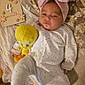 baby, infant, child, portrait, lying_down, pink_bow, headband, onesie, polka_dots, plush_toy, yellow_toy, stuffed_animal, milestone_sign, four_months, lace, blanket, bedding, indoor, cute, cozy