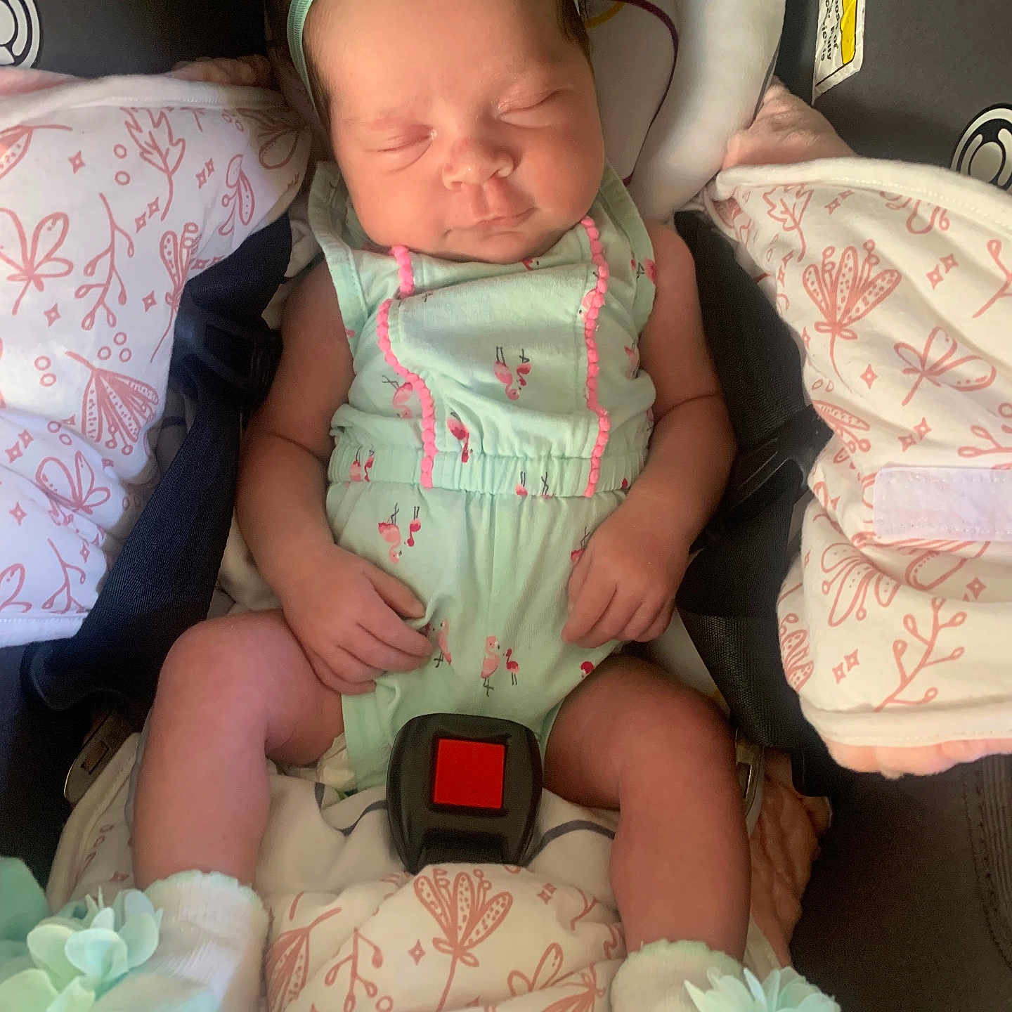 Reeson joined the competition — help win amazing prizes! baby, infant, sleeping, car_seat, headband, flower, clothing, blanket, sock, child, seatbelt, cute, newborn, resting, indoors, soft_toys, baby_girl, patterned_fabric, comfort, peaceful