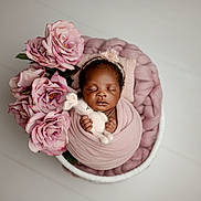 Zya a rejoint le concours — aidez-le/la à gagner de superbes lots ! adorable, baby, basket, blanket, closeup, cozy, cute, flowers, headband, indoors, infant, knitted_toy, newborn, peaceful, pink, portrait, roses, sleeping, soft, wrapped