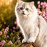 Angel participe au concours pour gagner de l'argent avec cette photo : cat, fluffy, white_cat, gray_cat, amber_eyes, birdhouse, wooden, flowers, pink_flowers, greenery, outdoor, sunlight, golden_hour, nature, pet, animal, portrait, closeup, garden, cute
