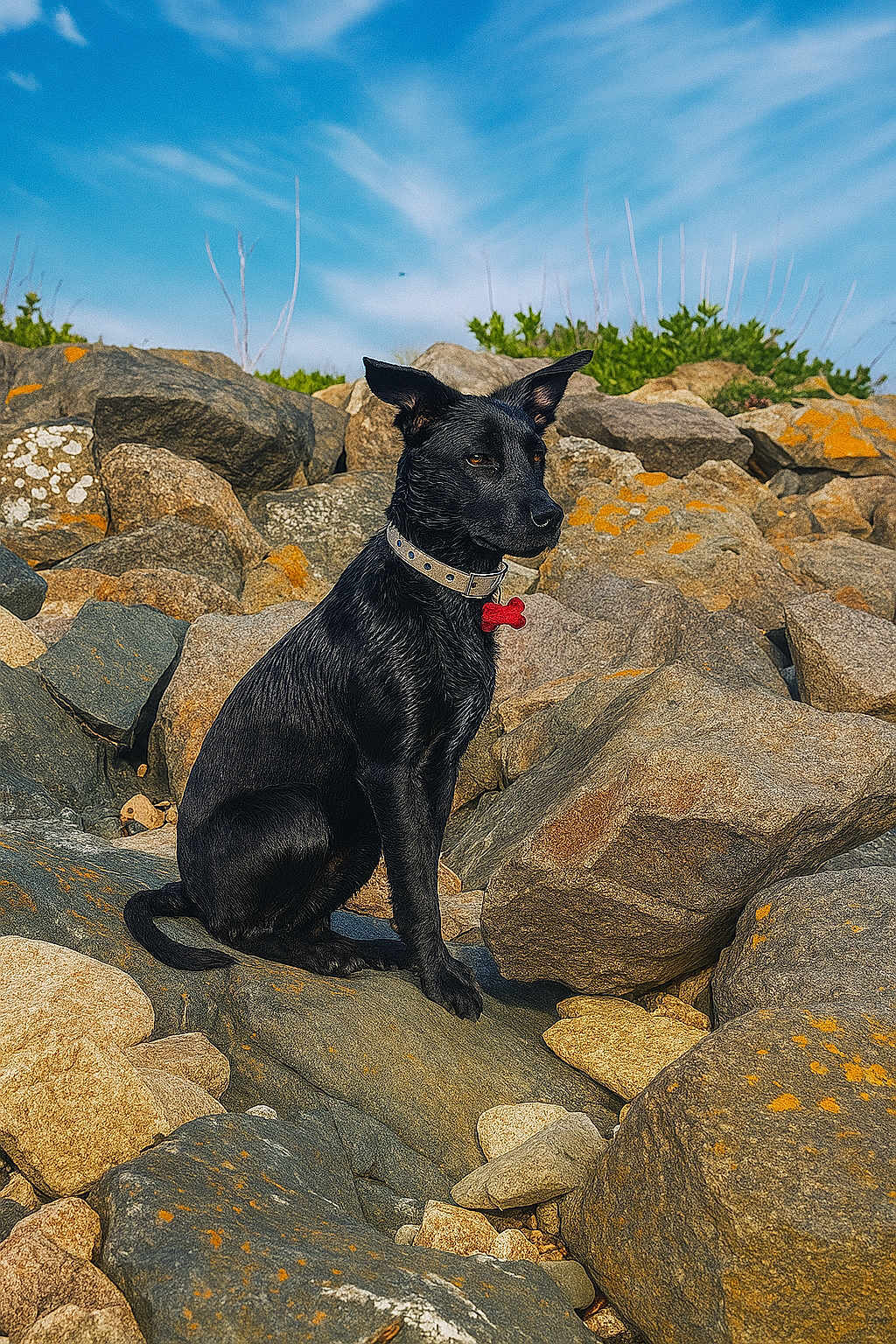 Alya participe au concours pour gagner de l'argent avec cette photo : dog, black_dog, collar, rocky_terrain, outdoor, nature, animal, pet, sitting, blue_sky, rocks, sunlight, alert, fur, canine, wildlife, daytime, tag, landscape, watchful