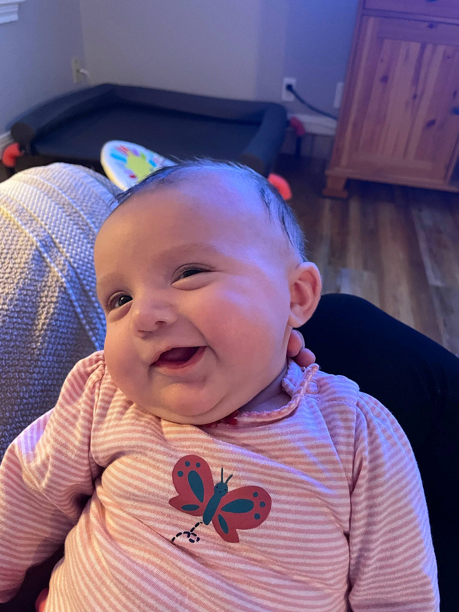 Jaylyn joined the competition — help win amazing prizes! baby, baby_laughing, baby_toddler_clothing, cheek, child, cool, ear, eyebrow, fun, happy, head, iris, mouth, nose, person, purple, sitting, sleeve, smile, t_shirt